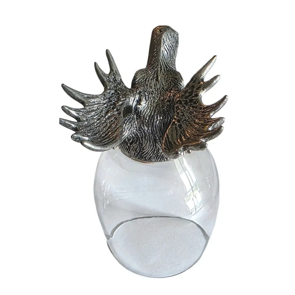 Shot Glass Set Moose Head Pewter Base Cabin Decor Silver Clear